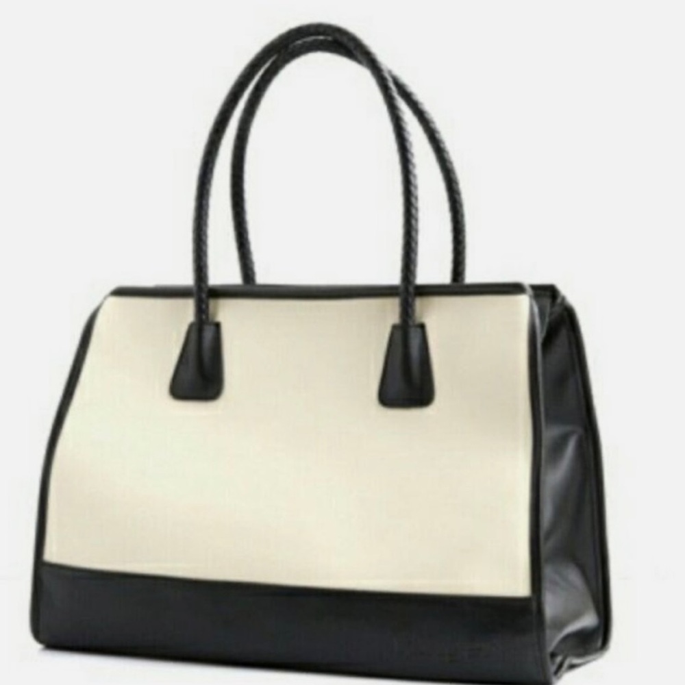 Tanger black beige TOTE BAG Dual Style Large Double Strap zip snap lined 15” bag